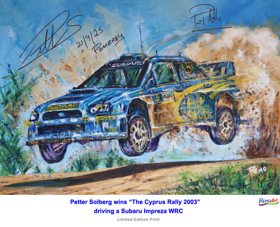 Petter Solberg wins The Cyrus Rally WRC driving the Subaru Impreza in 2003 - Prints Signed by Petter Solberg & Phil Mills